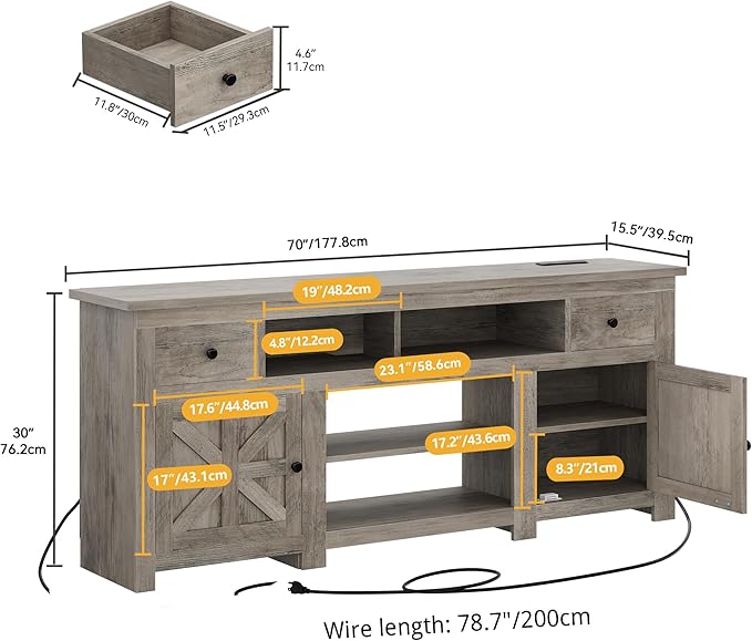DWVO Farmhouse TV Stand for 75/80 Inches TVs, Entertainment Centers Furniture 30" Tall, TV Consoles with Storage Drawers & Power Outlet, Rustic TV Stands for Living Room, Washed Grey