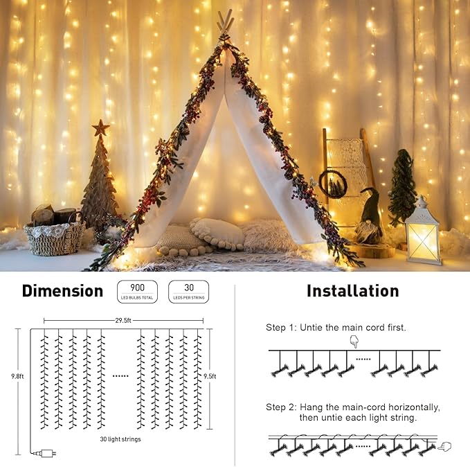 JMEXSUSS 900 LED Outdoor Christmas Curtain Lights, 9.5x29.5ft Christmas Lights Plug in with Remote, Twinkle Hanging String Light for Bedroom Wall Wedding Backdrop Window Gazebo Decor, Warm White
