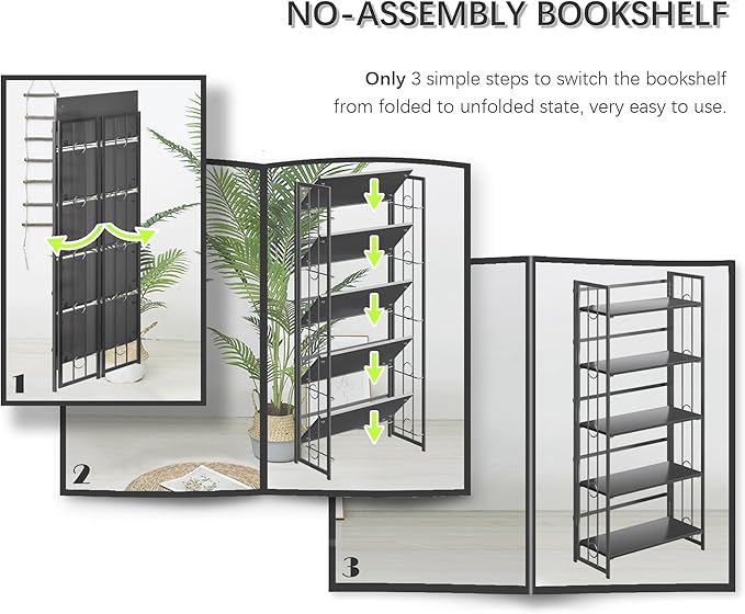 4NM No Assembly 5 Tiers Folding Bookshelf, 59.4" H Foldable Storage Shelves Vintage Bookcase Standing Racks Study Organizer Home Office - All Black