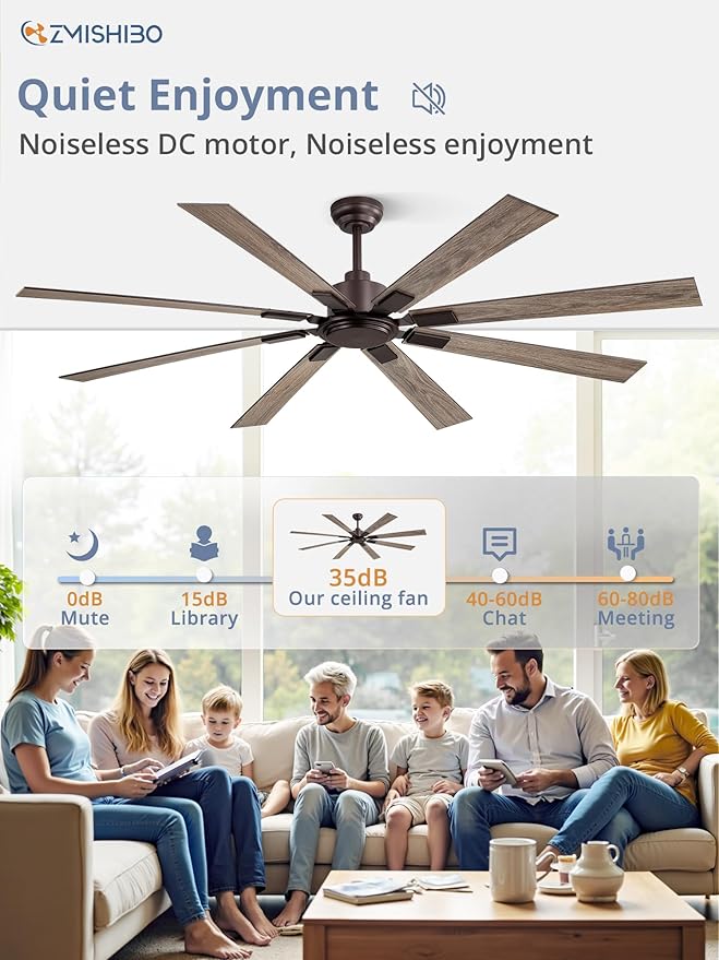 ZMISHIBO 72 Inch Ceiling Fan No Light with Remote Control, 8 Blades Quiet DC Reversible Motor, 6-Speed, Timer, Oil Rubbed Bronze Finish, Indoor Outdoor Ceiling Fans for Patios, Living Room, Garage