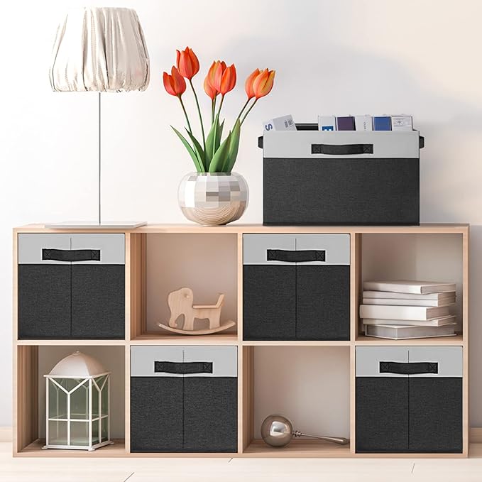 GhvyenntteS Large Storage Baskets for Shelves 6 Pack, Collapsible Fabric Storage Bins with 3 Handles, Decorative Closet Organizers and Storage bins for Clothes Blanket Beddings (Black, 15"x11"x9.6")