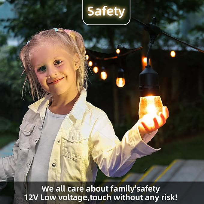 GANA Outdoor String Lights for Patio 48FT 2200K 12V Safety Voltage, LEDs with High CIR, 15 E26 Hanging Sockets, Shatterproof S14 Plastic Bulbs, IP65 Waterproof for Garden, Terrace, Outside