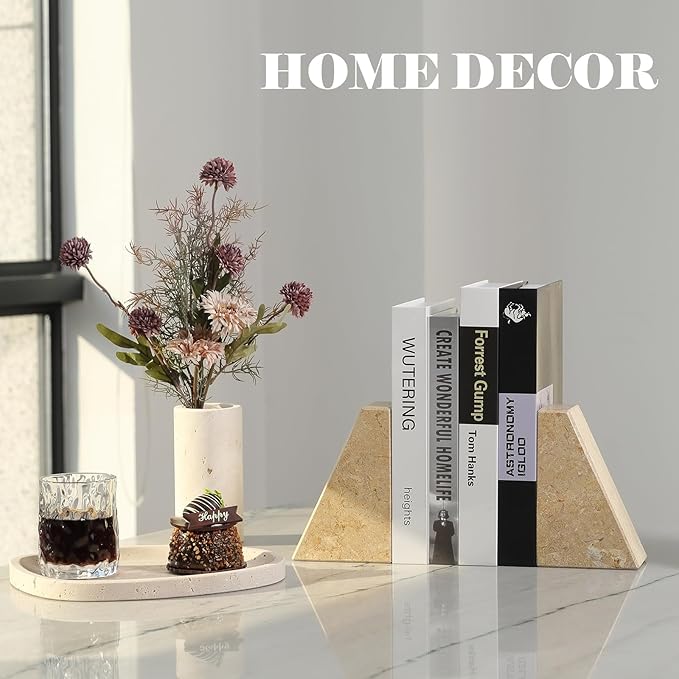 Marble Bookend for Heavy Books, Decorative Bookends for Shelves, Durable and Heavy-Duty Book End for Hardback Book &amp; CDS, Unique Book Stopper &amp; Holder, Pearlly Yellow, Set of 2