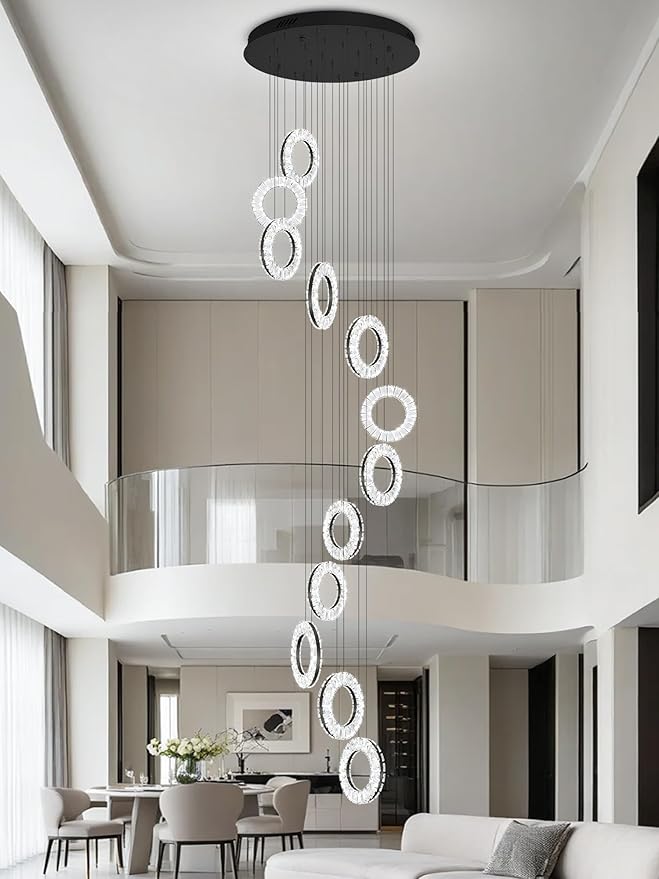 16 Rings High Ceiling Chandelier,Black Rings Chandeliers Staircase Chandelier for High Ceilings,Foyer Chandeliers Entryway High Ceilings