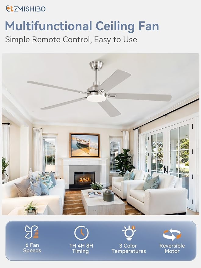 ZMISHIBO 60" Ceiling Fans with Lights, Nickel Modern Ceiling Fan with Remote, Bedroom Indoor Ceiling Fan with Dual Finish Blades, Quiet & Strong Motor, Bright LED Light