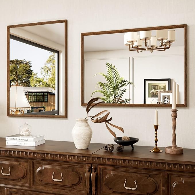 Rectangle Bathroom Mirror 22x30 Inch, Walnut Wood Grain Framed, Anti-Rust &amp; 4mm Tempered Glass, Horizontal/Vertical Hanging Vanity Mirror for Bathroom &amp; Bedroom