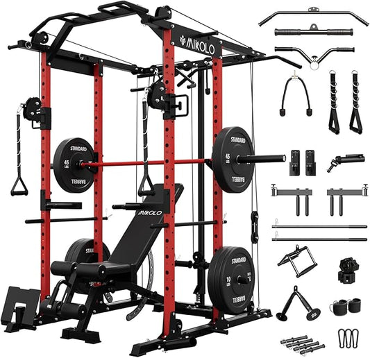 Mikolo Power Cage, Power Rack with Cable Crossover System, 1500LBS Squat Rack with LAT Pull Down System, Workout Cage with Pulley System for Fitness Home Gym