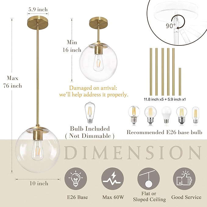 10 Inch Globe Pendant Light Gold Mid Century Pendant Light Adjustable Hanging Light Fixture Globe Pendant Lights Kitchen Island Clear Glass with Brass Finish for Dining Room