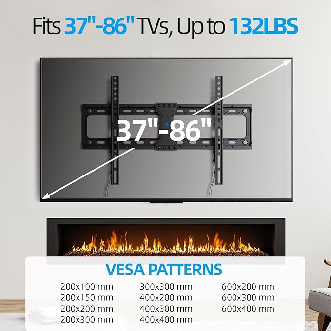 UL Listed Fixed TV Wall Mount for 37-86 Inch Screens, Low Profile TV Mount Fits 16", 18", 24" Studs, Wall Mount Bracket with Quick Release Lock, Max VESA 600x400mm, Holds up to 132 lbs by USX STAR
