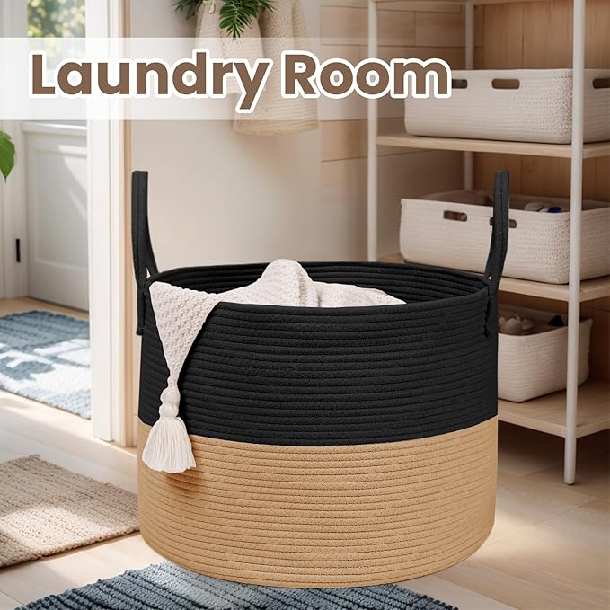 Woven Blanket Basket,65L Large Rope Storage Bin with Handles, Organizer for Blankets Toys Book and Clothes, Laundry Basket for Living Room Bedroom Nursery,Black&amp;Jute