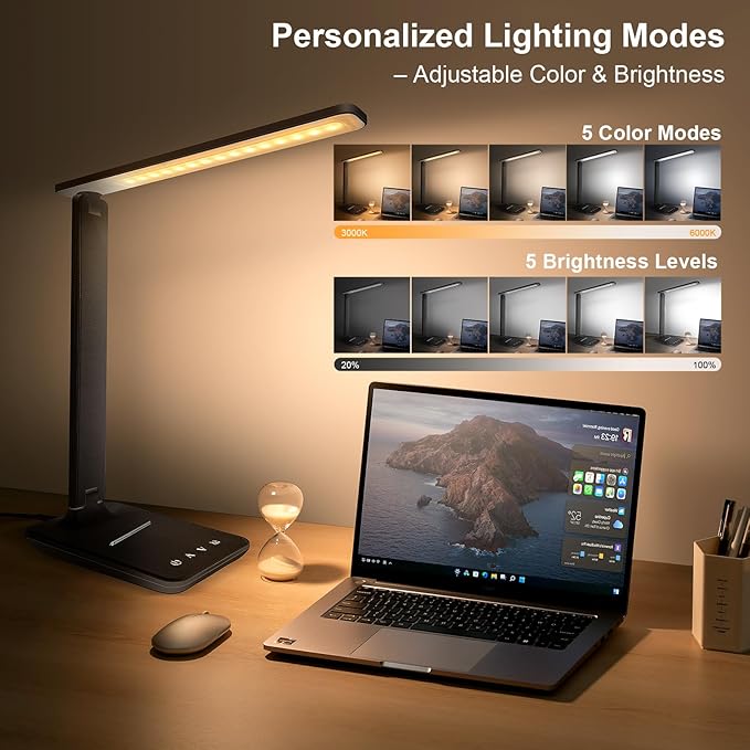 LED Desk Lamp for Office Home, Bright Desk Light with USB Charging Port, Adjustable Dimmable Desk Lamps 5 Modes 5 Brightness, Touch Study Lamp for Nail, Craft, Puzzle, Sewing, Study, Black
