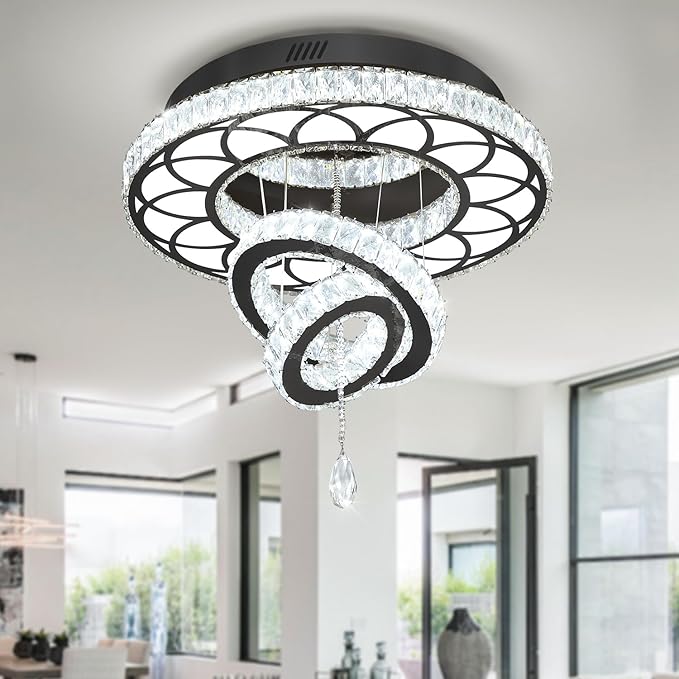 Flashing God Dia 20" Crystal Chandelier Crystal Black Ceiling Light Fixtures LED Flush Mount Ceiling Light for Living Room Bedrooms Dining Room Dimmable 2700k 4500k 6000k