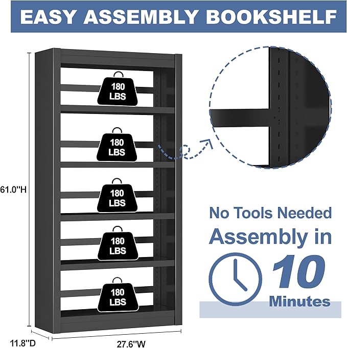 Metal Bookshelf Adjustable - 61" Tall Black Bookcase, 5 Tier Book Shelf, Toothless Assembly Book Case, Modern Bookshelfs and Bookcases for Home Office, Living Room, Bedroom, Library