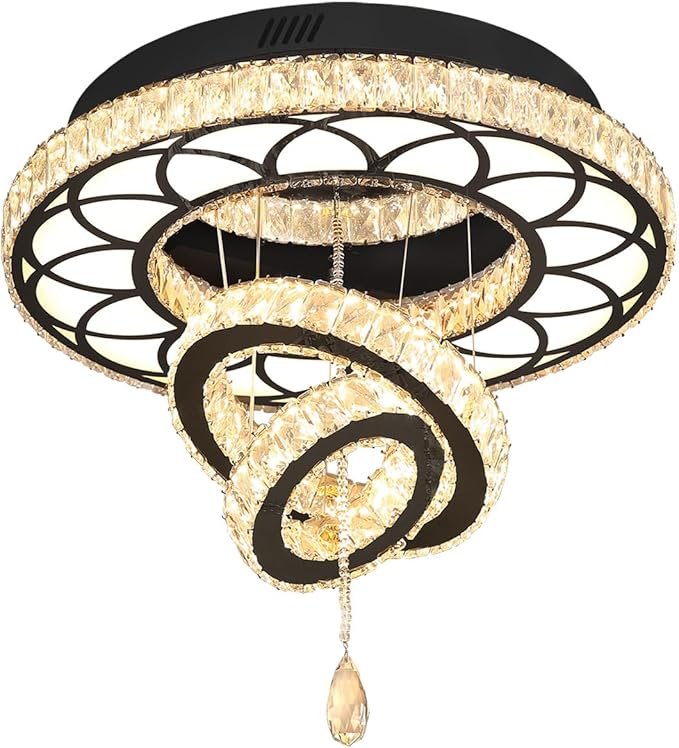 Flashing God Dia 20" Crystal Chandelier Crystal Black Ceiling Light Fixtures LED Flush Mount Ceiling Light for Living Room Bedrooms Dining Room Dimmable 2700k 4500k 6000k