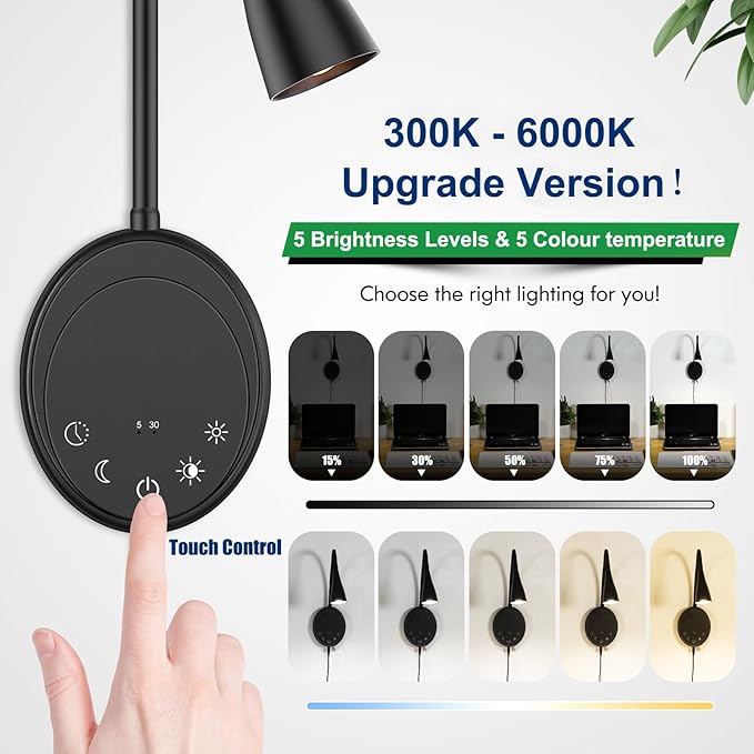 Wall Sconce Light Plug in, Wall Lamps USB Output 5 Color Dimmable Timer Touch Control, Bedside Reading Light, 360°Rotate Flexible Gooseneck Wall Lighting for Bedroom Living Room