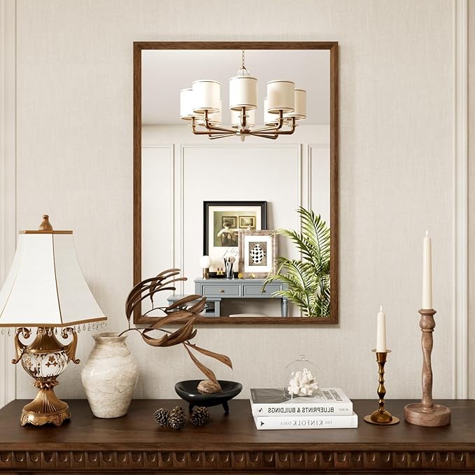 Bathroom Vanity Mirror 24x36 Inch, Walnut Rectangle Bathroom Mirror, Anti-Rust, 4MM Tempered Glass, Wall-Mounted Mirror, Hangs Horizontally or Vertically for Bathroom &amp; Bedroom