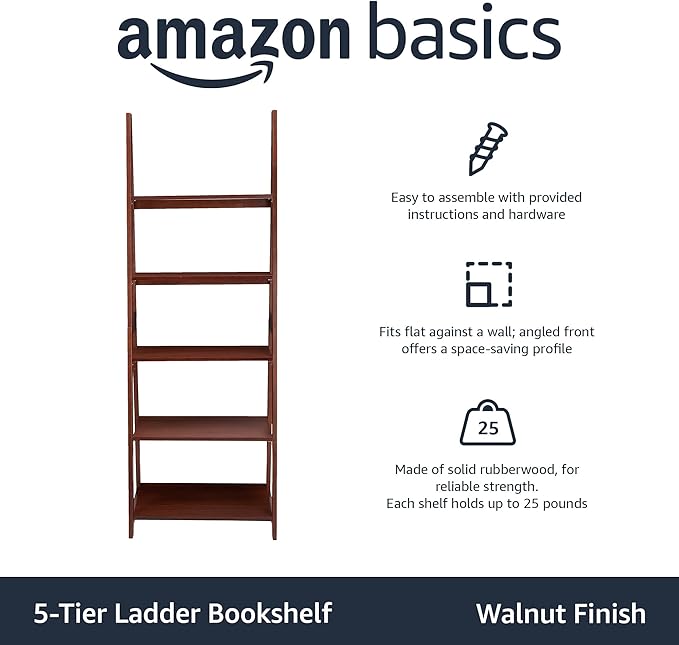 Amazon Basics Ladder Bookshelf Organizer, 5-Tier, Solid Rubberwood Frame, Walnut Finish, 14" D x 24.8" W x 70.1" H