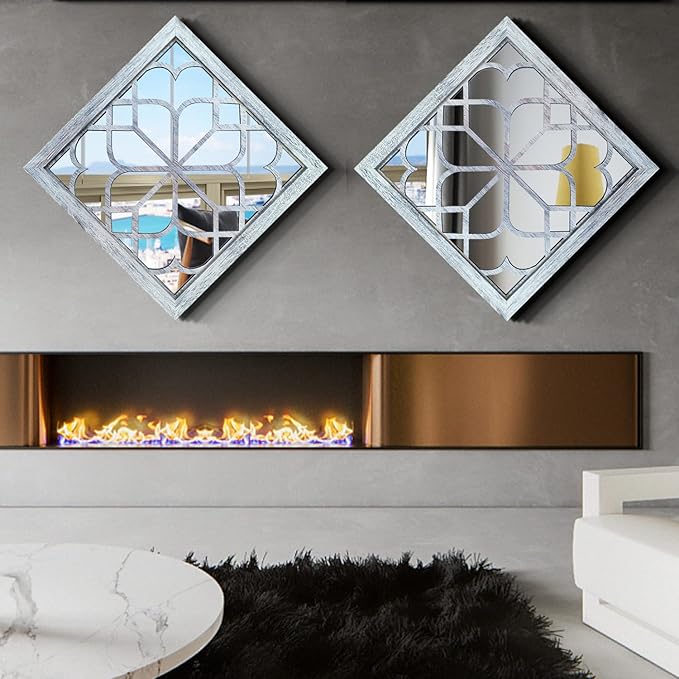Wocred 2 PCS Square Wall Mirror,Gorgeous Rustic Farmhouse Accent Mirror,Rustic White Color Entry Mirror for Bathroom Renovation,Bedrooms,Living Rooms and More(16”x16”)
