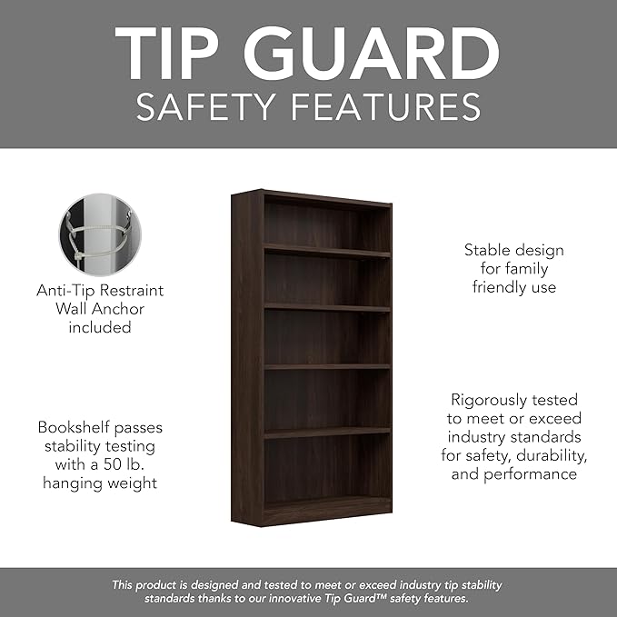 Bush Furniture Universal Tall 5 Shelf Bookcase in Black Walnut, Vertical Storage and Display Bookshelf for Home Office or Living Room Organization