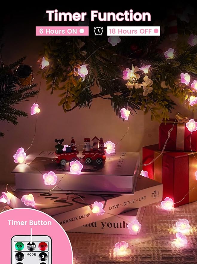 Cherry Blossom Flower String Lights for Bedroom, Pink Fairy Lights Battery Operated with Remote &amp; 8 Modes &amp; Timer, 10ft 30 LED Waterproof String Light Indoor Outdoor for Wedding Home Christmas Decor