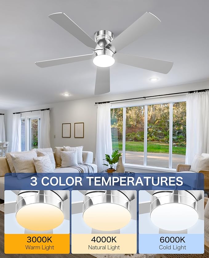 Ceiling Fans with Lights, 52 inch Low Profile Ceiling Fan with Light and Remote Control, Flush Mount, Reversible, 3CCT, Noiseless, 5 Blades Modern Ceiling Fan for Bedroom Living Room (Nickel)