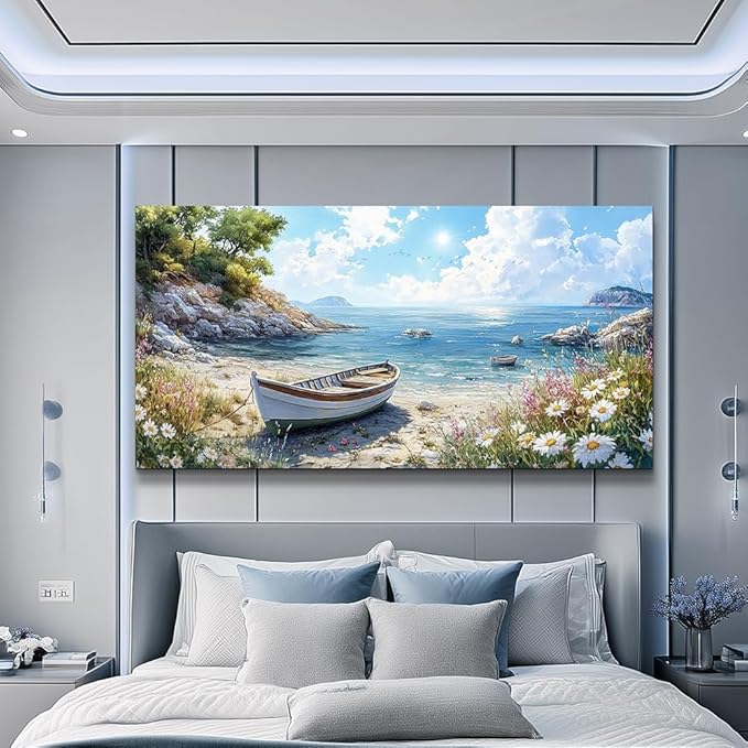 ZUITINGHUA Canvas Wall Art For Living Room Large Wall Decor For Office Bedroom Decorations Seaside Boat Landscape Pictures Farmhouse Painting Artwork Room Wall Mural Aesthetic Home Decor 30x60 In
