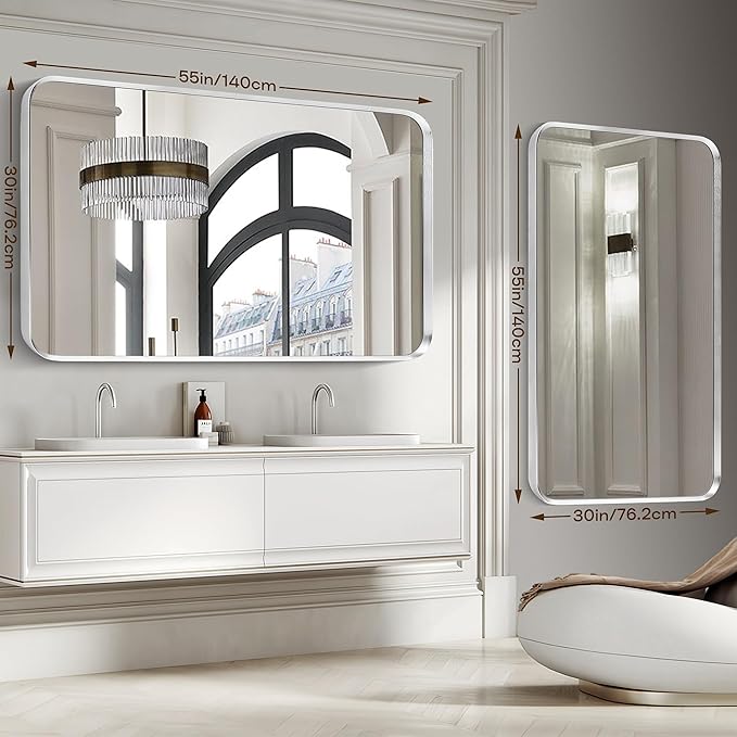 Brushed Nickel Bathroom Wall Mirror, Silver Metal Framed Large Rounded Corner Rectangle Mirror, Tempered Glass, Shatter Proof, Hangs Horizontally or Vertically (30" x 55", Silver)