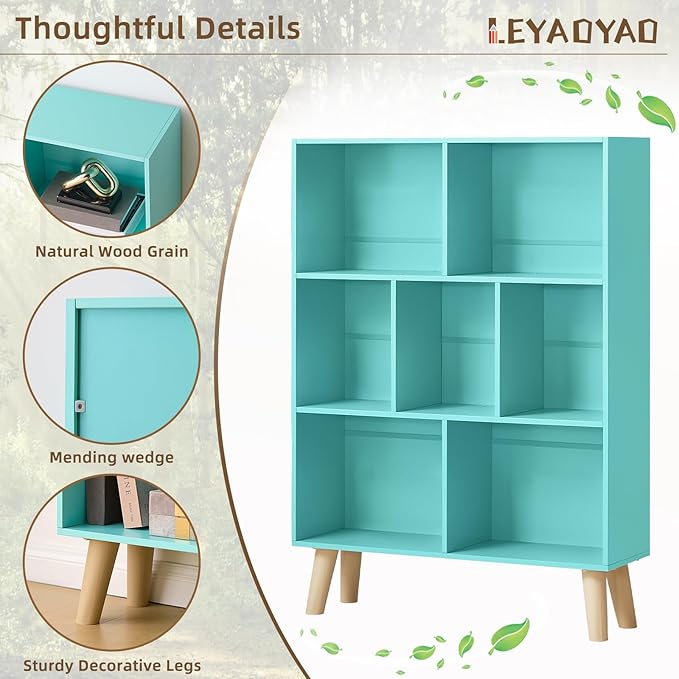 LEYAOYAO 7 Cube Bookshelf 3-Tier Bookcase with Legs, Mint-Green Kids Book Shelf Cute Storage Organizer, Toy Shelves Bookshelfs,Wood Display Bookcases