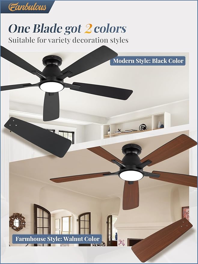 52 inch Ceiling Fans with Lights, Smart Flush Mount Ceiling Fan and Remote APP, Modern Low Profile, 3CCT 20W LED with 6-Speeds Quiet Reversible Motor for Bedroom, Living Room, Kitchen, Black
