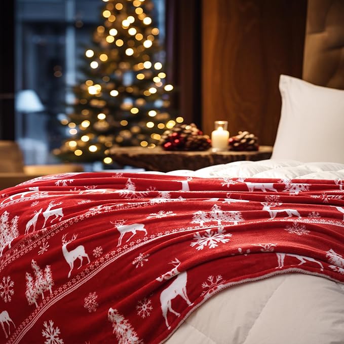 PHF Printed Fleece Throw Blanket, No Shed No Pilling Ultra Soft Plush Cozy Xmas Prints Theme Home Décor Flannel Blanket for Bed, Sofa, Couch and Gift, 50" x 60", Reindeer and Trees, Red