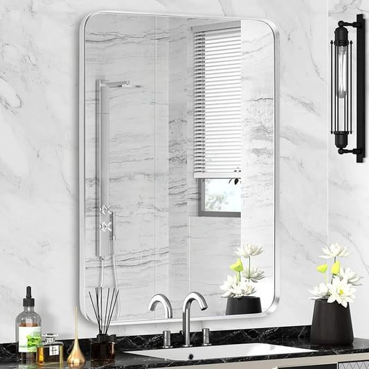 Silver Framed Bathroom Mirror, Brushed Nickel Rounded Corner Rectangle Wall Mirror, Tempered Glass, Shatter Proof, Anti-Rust, Hangs Horizontally or Vertically (24" x 32", Silver)
