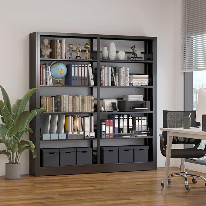 5-Tier Industrial Black Metal Bookshelf - Freestanding Tall Storage Organizer for Living Room &amp; Home Office