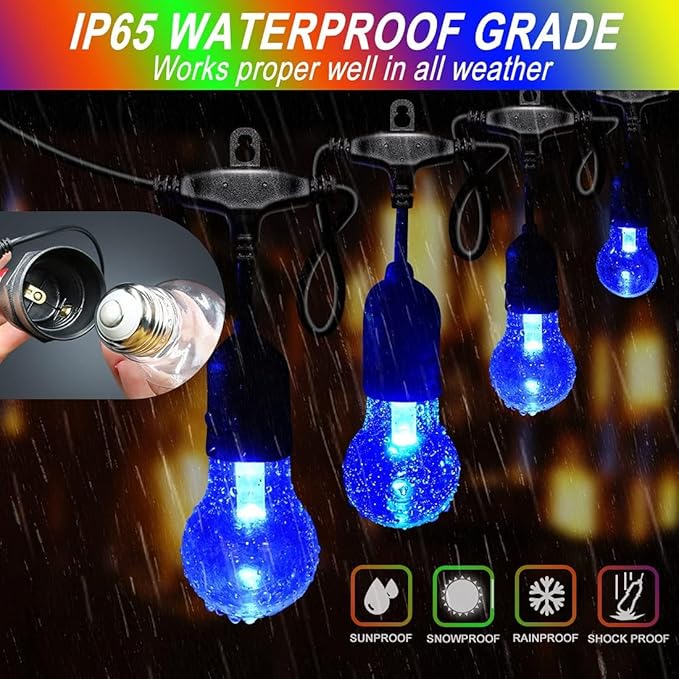 144FT Outdoor String Lights with 45 RGB Color Changing E26 Bulbs - Dimmable Shatterproof Edison Patio Lights for Backyard,Solar Commercial LED Lighting with Remote Control.