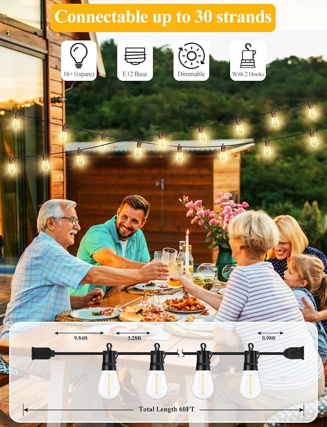 Brightever LED Outdoor String Lights, 60FT Patio Lights with 17 Shatterproof S14 Vintage Edison Bulbs(1 Spare), Outside Hanging Lights Waterproof for Porch, Garden, Deck, Backyard, 2700K Dimmable