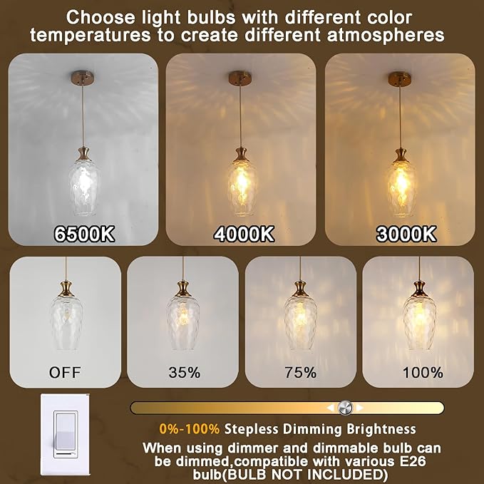 Glass Pendant Lights Kitchen Island Clear Glass Hanging Light Fixtures Farmhouse Brass Pendant Light for Kitchen Sink Dining Room, E26, Gold