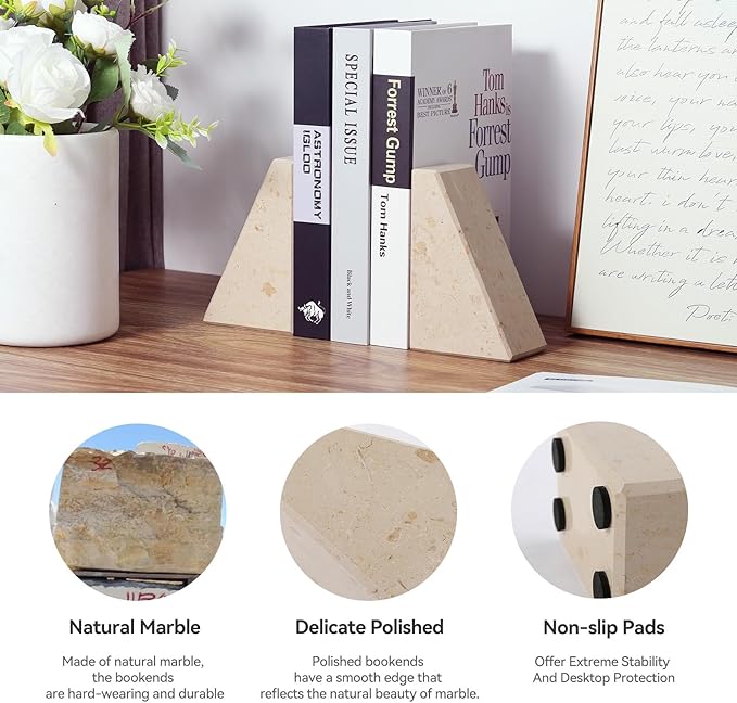 Marble Bookends for Heavy Books, Decorative Book Ends for Shelves, Beige Stone Durable and Heavy-Duty Book Ends for Hardback Books &amp; CDS, Unique Book Stopper &amp; Holder, Set of 2