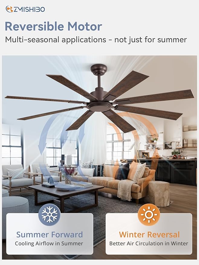 ZMISHIBO 62 Inch Ceiling Fan No Light with Remote Control, 8 Blades Quiet DC Reversible Motor, 6-Speed, Timer, Oil Rubbed Bronze Finish, Indoor Outdoor Ceiling Fans for Patios, Living Room, Garage