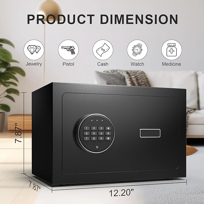 0.6 Cub Small Safe Box, Safety Box with Electronic Digital Keypad, Home Safe Box with Internal LED Light, Solid Alloy Steel Personal Safes for Home Office Hotel, Black