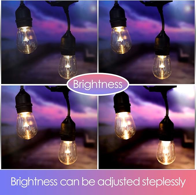 GANA Outdoor String Lights, Patio Lights 96FT Music Flash RGBW Colourful, Safe 12V Low Voltage LED Shatterproof Bulbs Connectable, Heavy Duty Wire IP65 Waterproof Level, for Courtyards Bistro