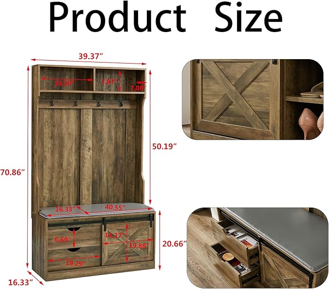 Hall Tree with Storage, Coat Rack with Shoe Storage, 6-in-1 Farmhouse Hall Tree with Hooks, Shoe Racks with Coat Rack for Entryway, Hallway, Walnut