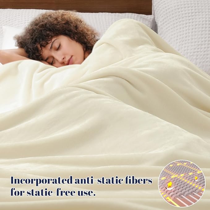 PHF Ultra Soft Fleece Blanket Queen Size, No Shed No Pilling Luxury Plush Cozy 300GSM Lightweight Blanket for Bed, Couch, Chair, Sofa Suitable for All Season, 90" x 90", Cream