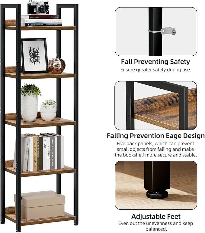 NUMENN Narrow Bookshelf, 5 Tier Bookshelfs, Home Office Bookcase Shelf Storage Organizer, Free Standing Storage Shelving Unit for Bedroom, Living Room and Home Office, Vintage