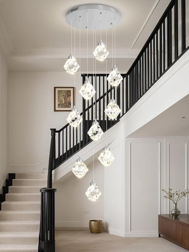 10-Light Modern Chandeliers for Foyer Crystal Chandelier for Living Room Chrome Pendant Light Staircase Chandeliers for High Ceilings Dimmable LED Hanging Light with Remote