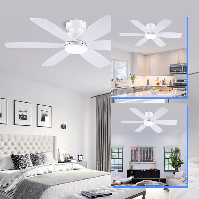 46 inch Ceiling Fans with Lights and Remote/APP Control, Low Profile Ceiling Fan with Light, Flush Mount, 3CCT, 6 Reversible Blades 6 Speeds Modern Ceiling Fan for Bedroom Living Room, White