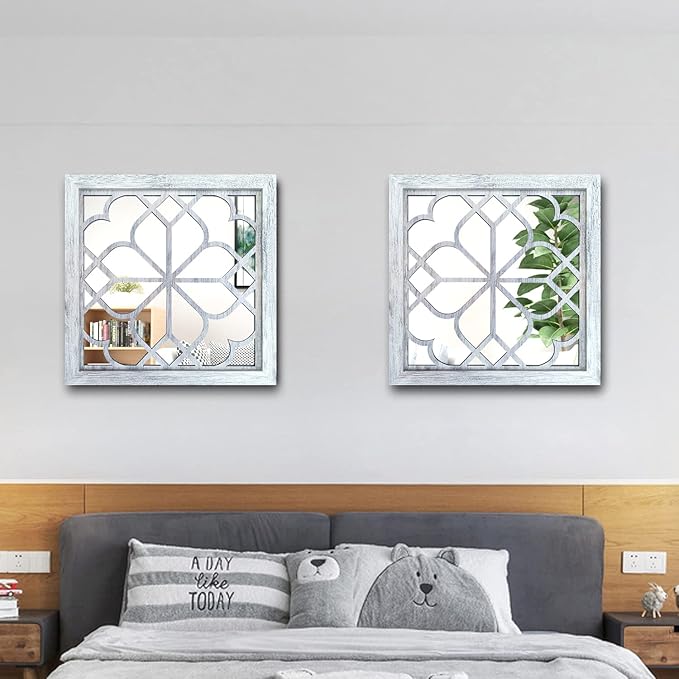 Wocred 2 PCS Square Wall Mirror,Gorgeous Rustic Farmhouse Accent Mirror,Rustic White Color Entry Mirror for Bathroom Renovation,Bedrooms,Living Rooms and More(12”x12”)