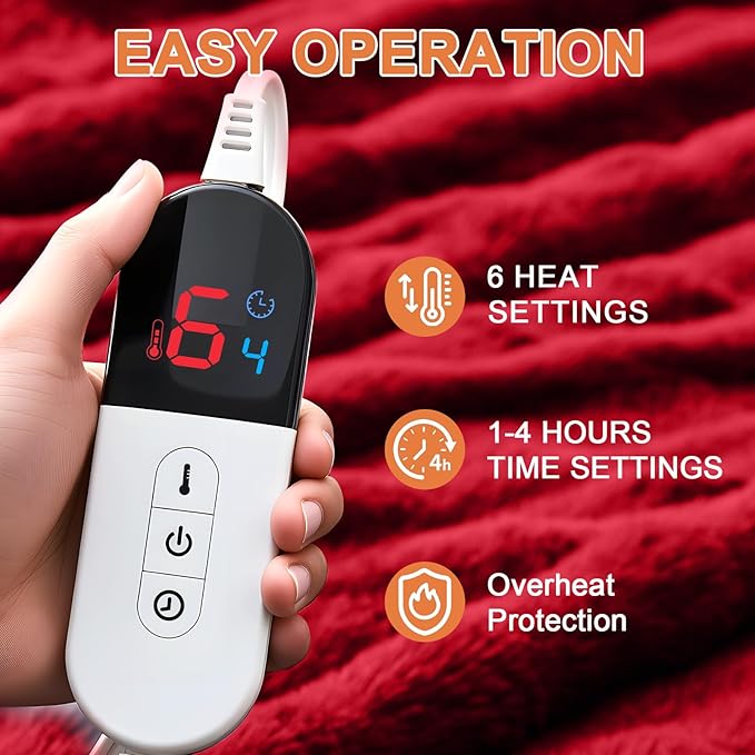 Heated Blanket Electric Throw Blanket 50''X 60''-Heating Blanket with 6 Heat Settings-4/10 Hours Auto Off,Cozy Faux Rabbit Fur Bubble Electric Blanket,Red