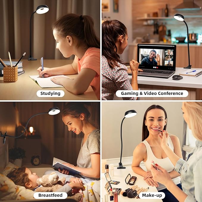 【Clip on Lamp】 10-Level Dimming & 5 Color Modes LED Book Light, Flexible Gooseneck Reading Light for Beds, Desks, Headboards - Eye-Friendly Night Light for Kids/Adults (Black)