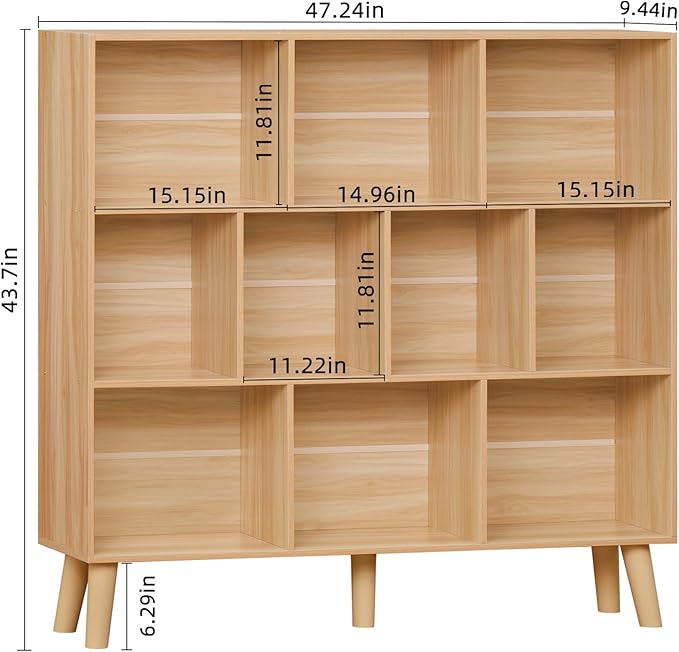 LEYAOYAO 10 Cube Bookshelf,3 Tier Modern Wide Bookcase with Legs,Mid-Century Wood Bookshelfs Storage,Natural Large Book Case,Freestanding Organizer Display Shelf for Bedroom,Living Room,Office