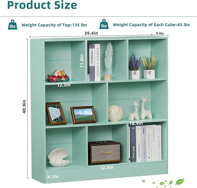 LEYAOYAO 8 Cube Bookshelf with Base,3 Tier Modern Mint-Green Kids Bookcase,Standing Wide Bookshelfs Storage Organizer Toy Shelf,Wood Display Children's Book Shelves for Bedroom,Living Room,Nursery