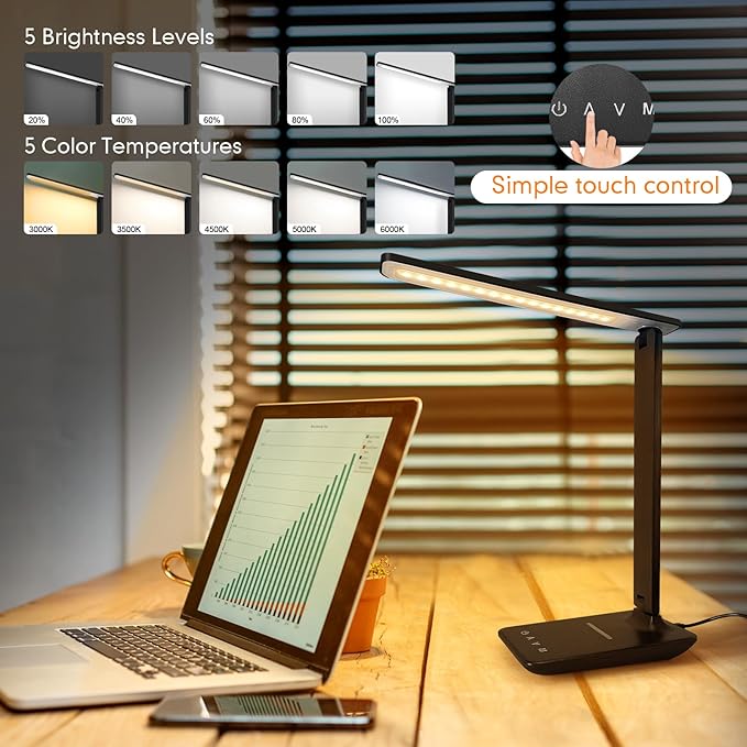 White crown LED Desk Lamp with 15W Wireless Charger &amp; USB Port, Dimmable Table Lamp with 5 Lighting Modes, Sensitive Touch Control, Foldable &amp; Portable Desk Light for Home, Office, Bedroom, Reading